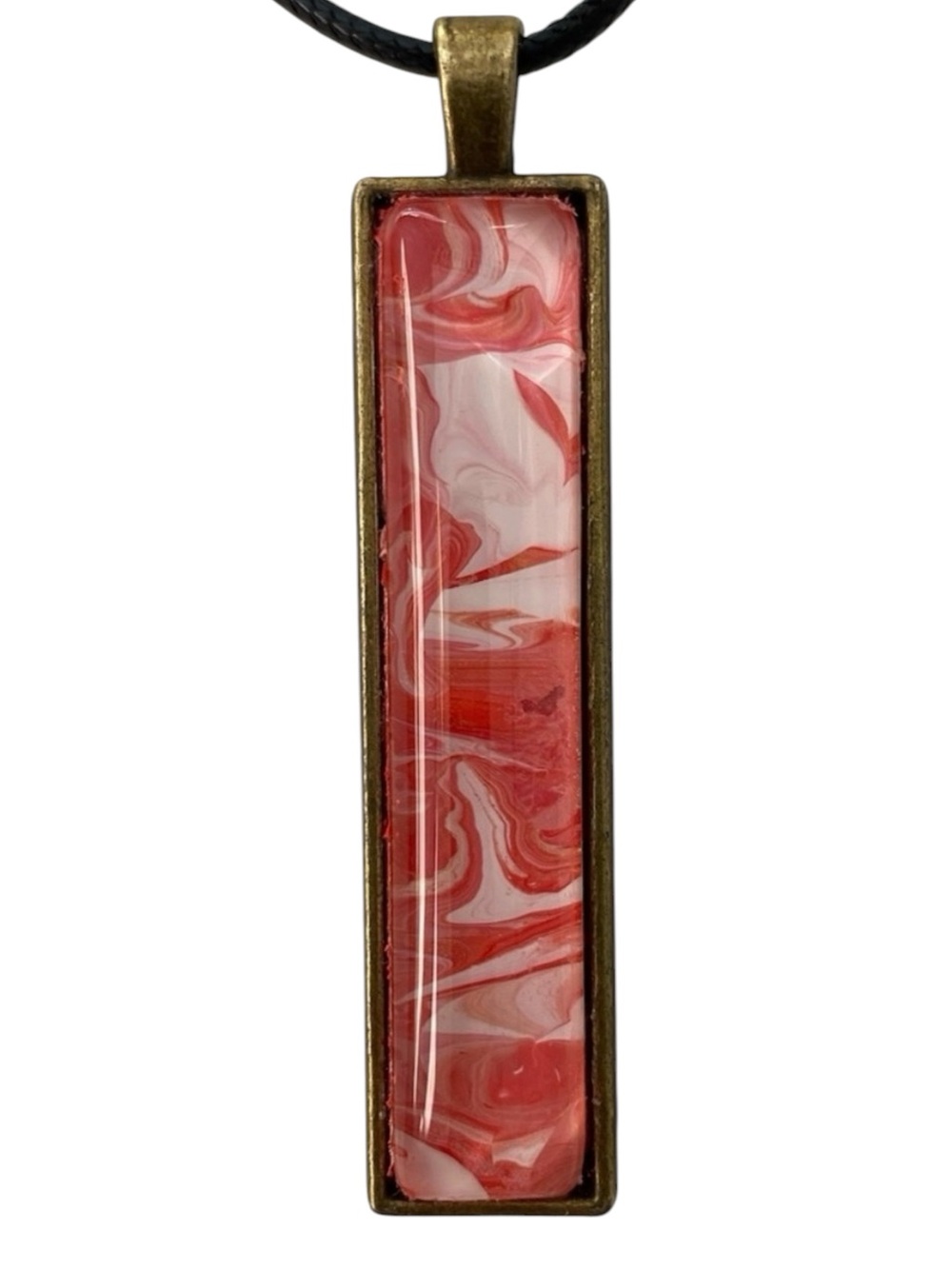 Hand Crafted Red White Fluid Art Rectangle Pendant Necklace by Svetlana Yeung